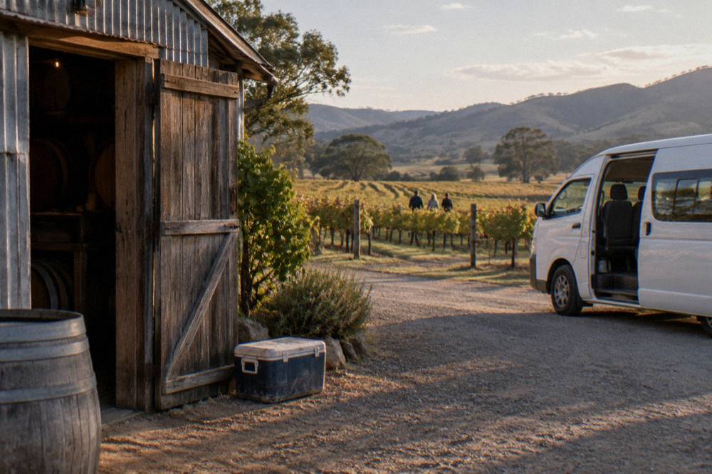 A small tour van parked beside a rustic cellar door building among vines
