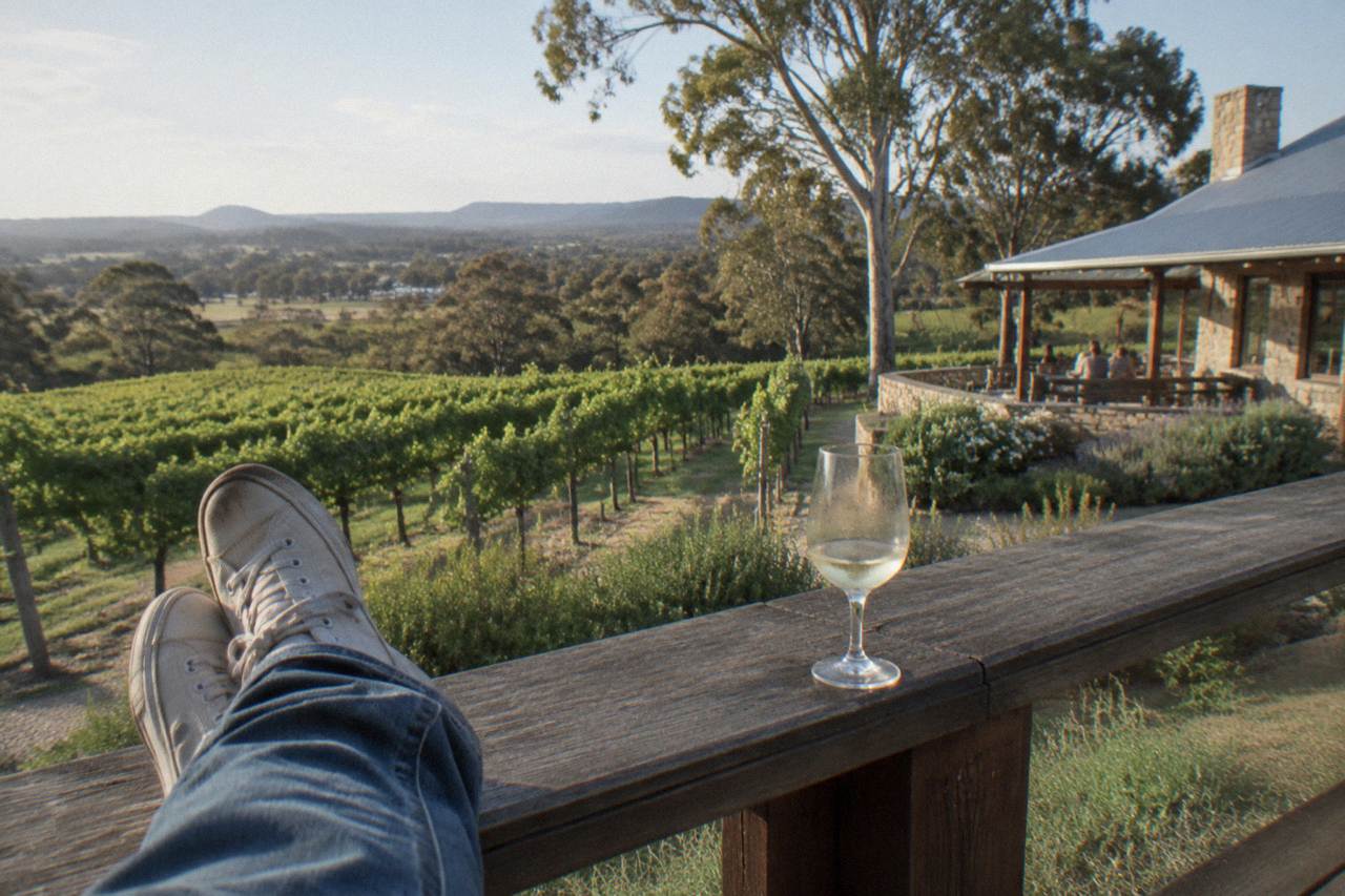 Denim jeans and canvas shoes on a wooden cellar door veranda overlooking rows of grapevines.