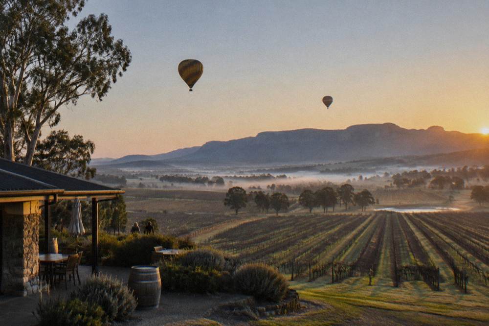 A hot air balloon drifting above vineyards in early morning light