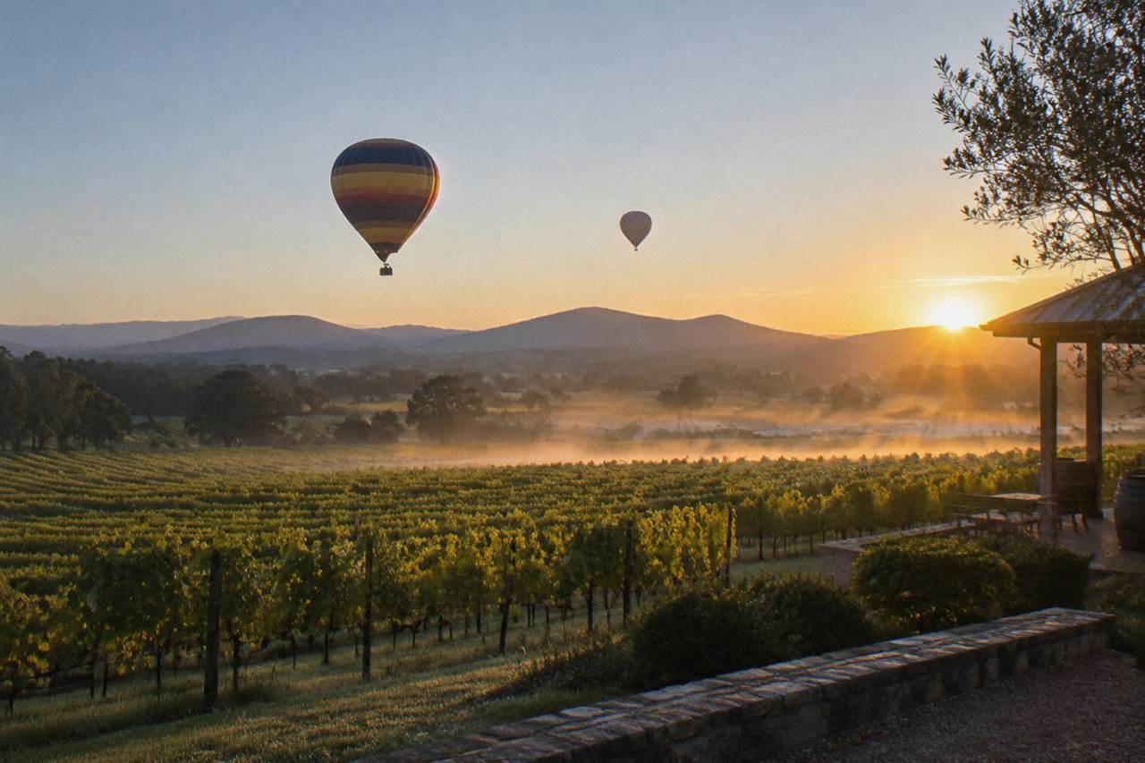 Hot air balloons drifting above vineyard rows at sunrise in the Hunter Valley