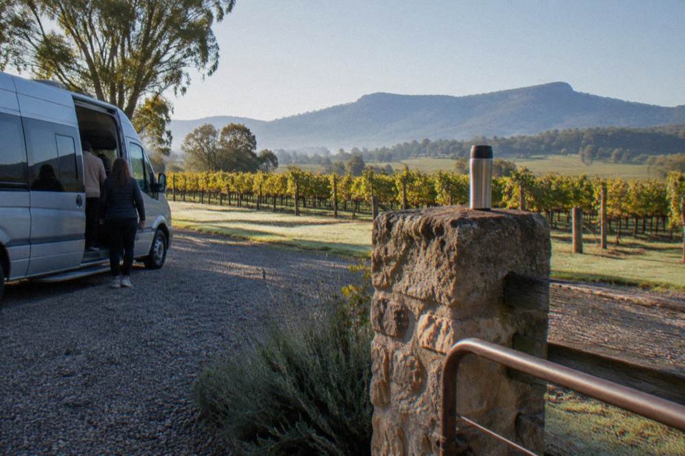 A small tour van parked beside vineyard rows ready for a tasting day