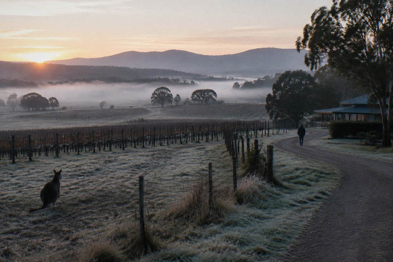Vineyard rows and a quiet country road at sunrise in the Hunter Valley wine country