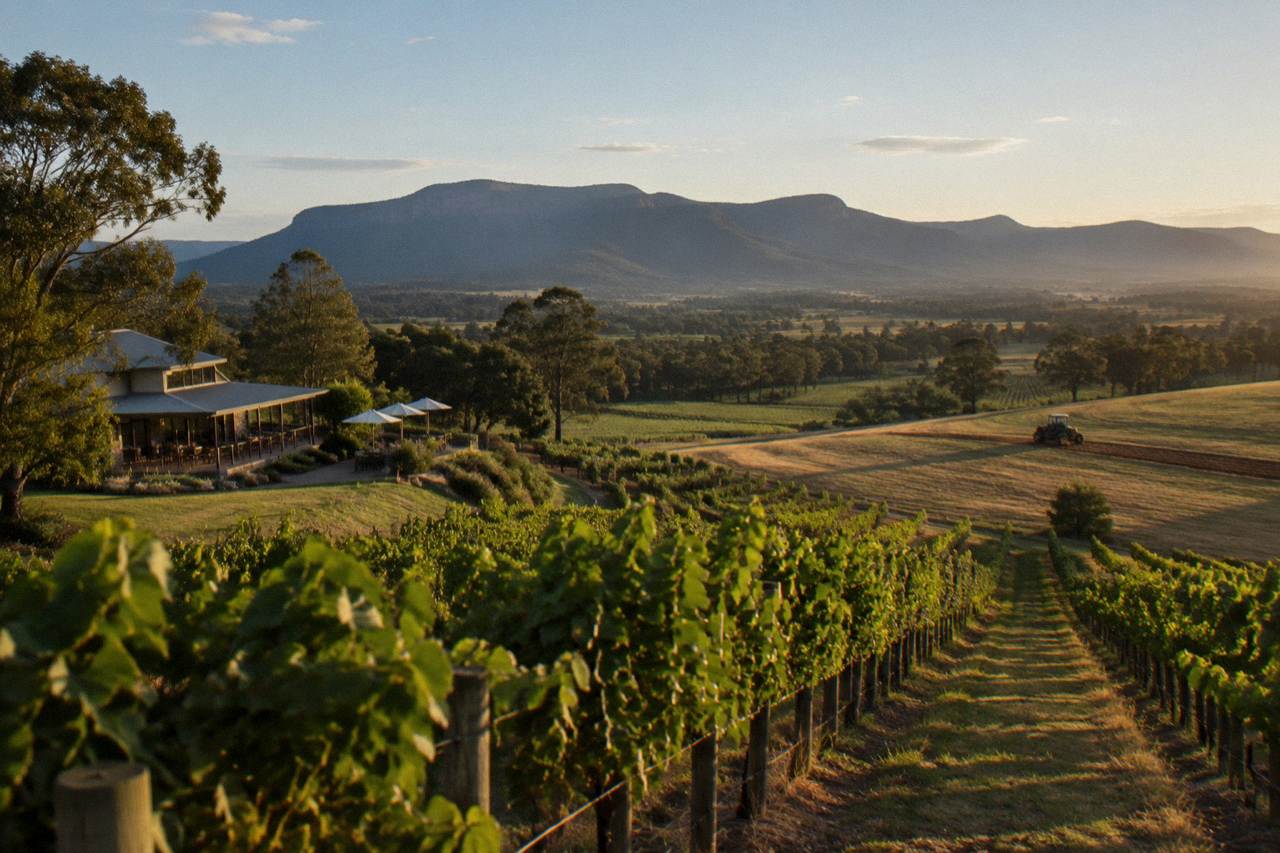Rows of grapevines rolling across a sunny Hunter Valley vineyard with distant hills