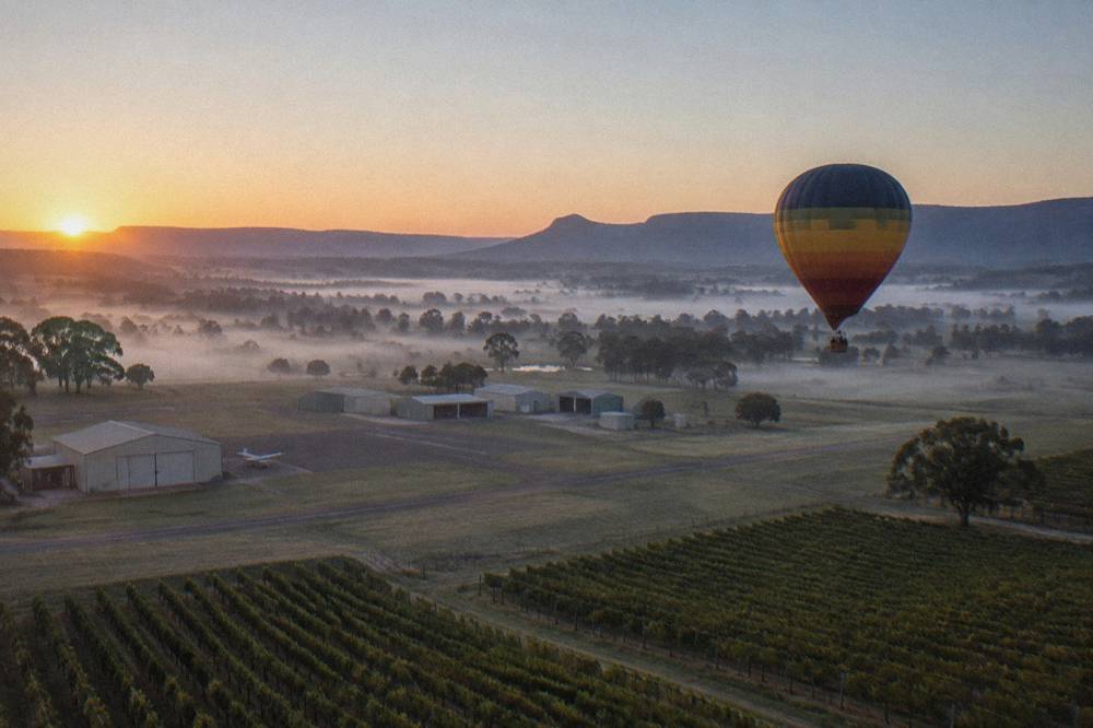 A hot air balloon drifting low over patchwork vineyards and farmland at sunrise