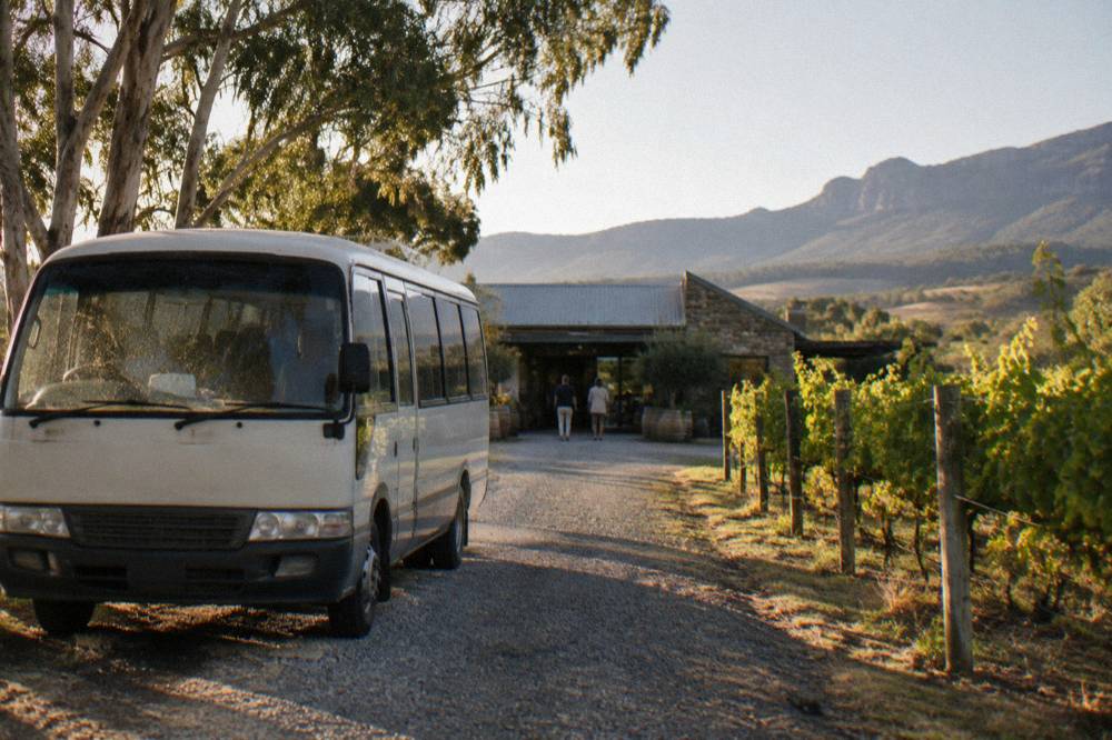 A small minibus parked on a gravel drive beside vineyard rows at a Hunter Valley cellar door