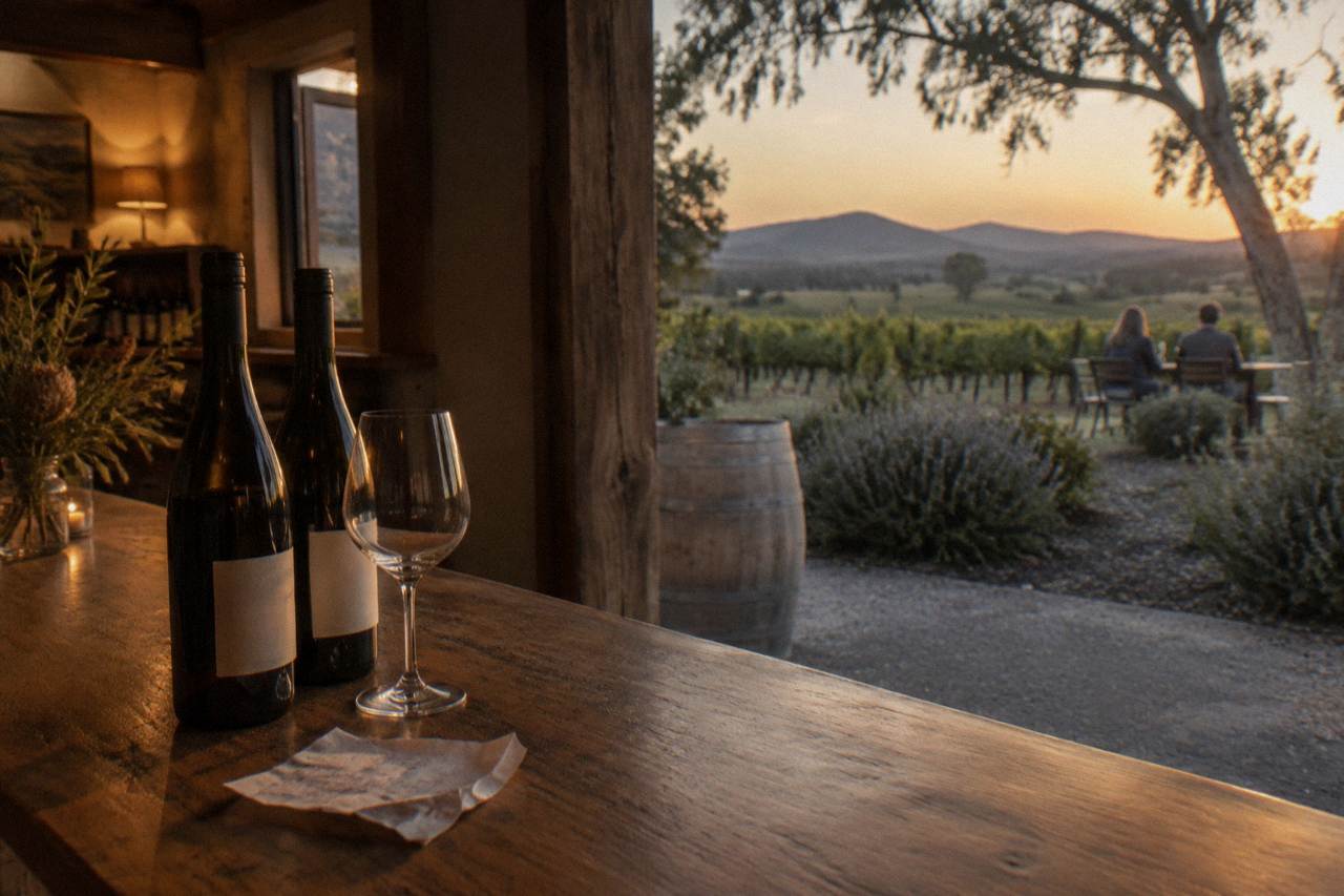 A tasting glass beside wine bottles on a timber cellar door counter