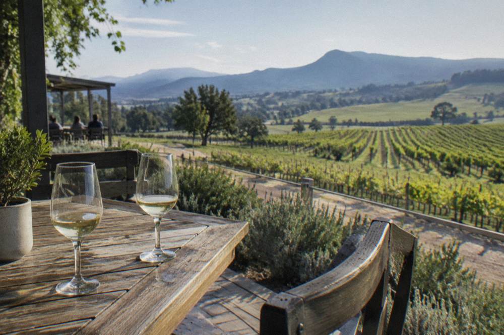Outdoor timber table set with wine glasses looking over vineyard rows