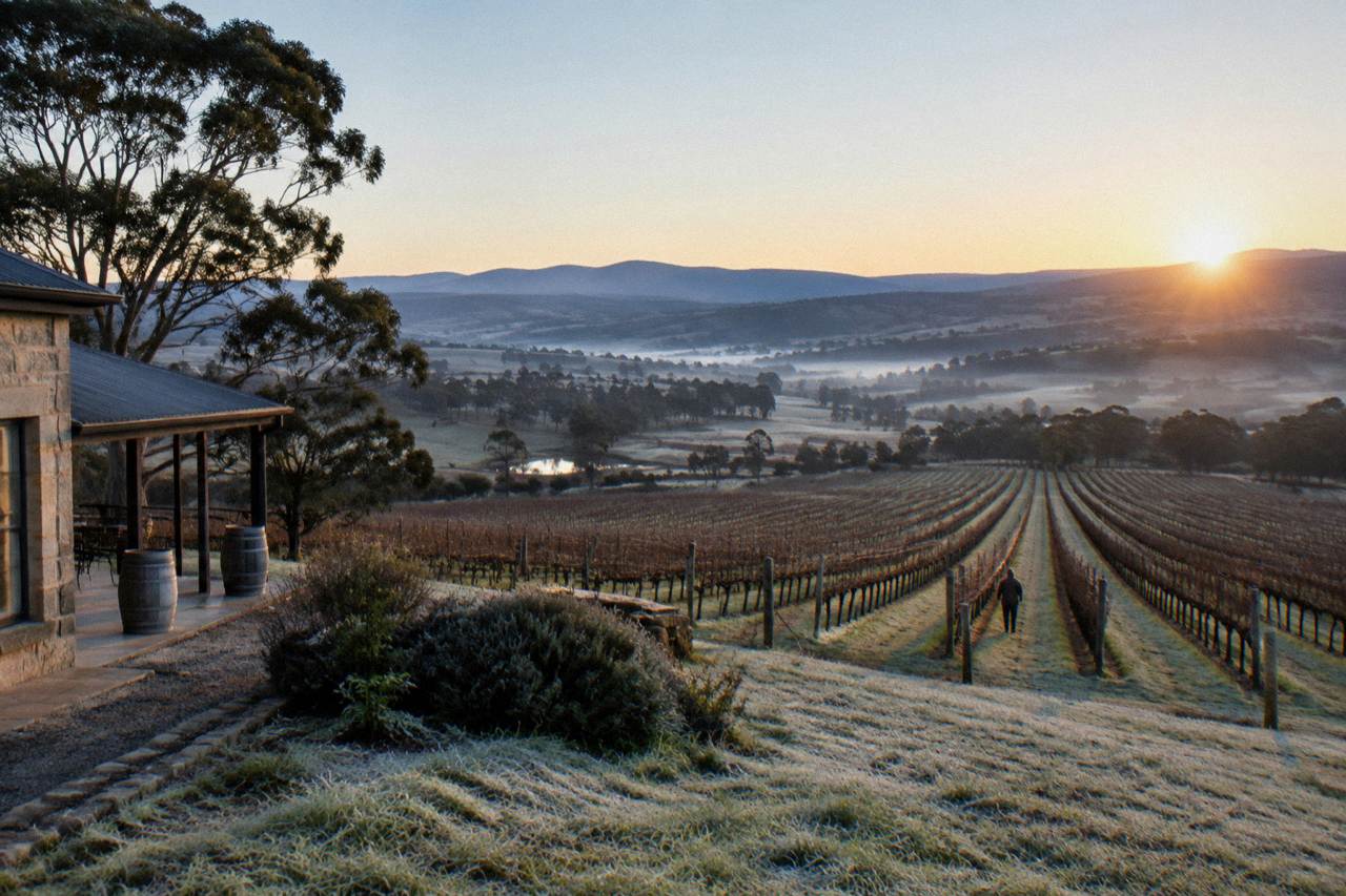 Vineyard rows in the Hunter Valley at sunrise with rolling hills behind