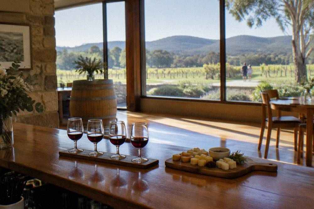 Small tasting glasses of red wine lined up beside a board of cubed cheese at a winery bar