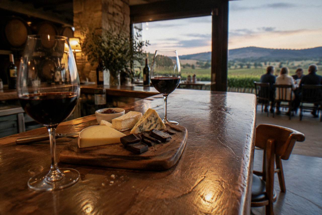 A wooden platter of cheese and chocolate squares beside glasses of red wine on a cellar bar