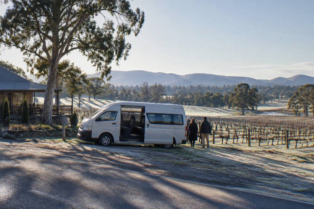 Small tour van parked on a country road beside vineyards