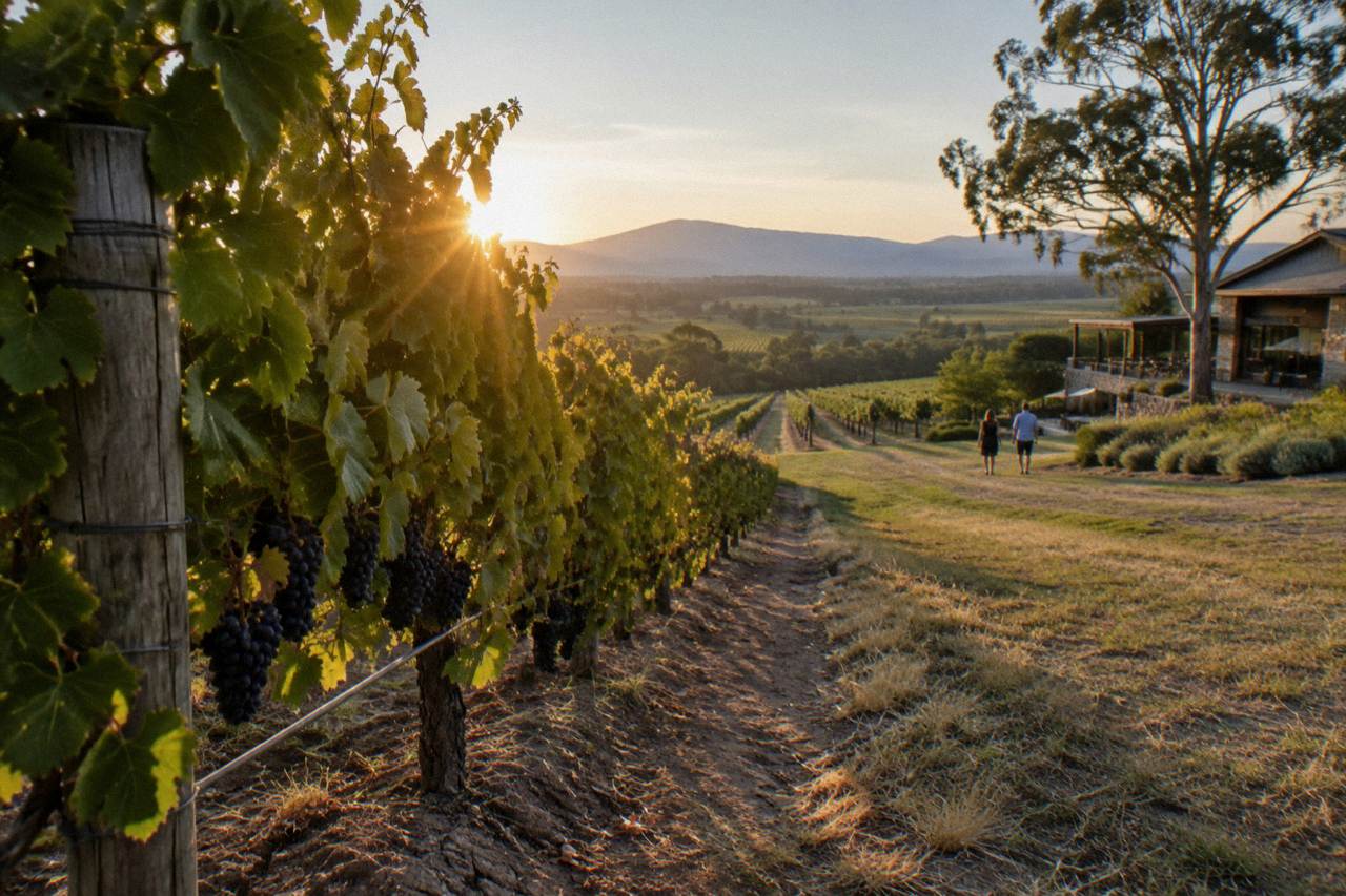 Rows of grapevines in the Hunter Valley at golden hour with distant hills