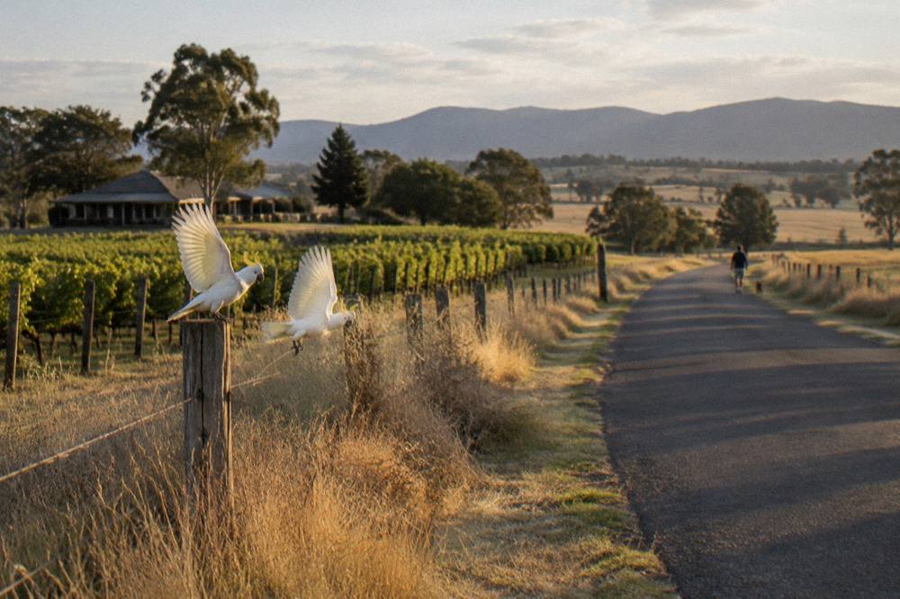 A quiet country road lined with vineyards and open paddocks in late afternoon light