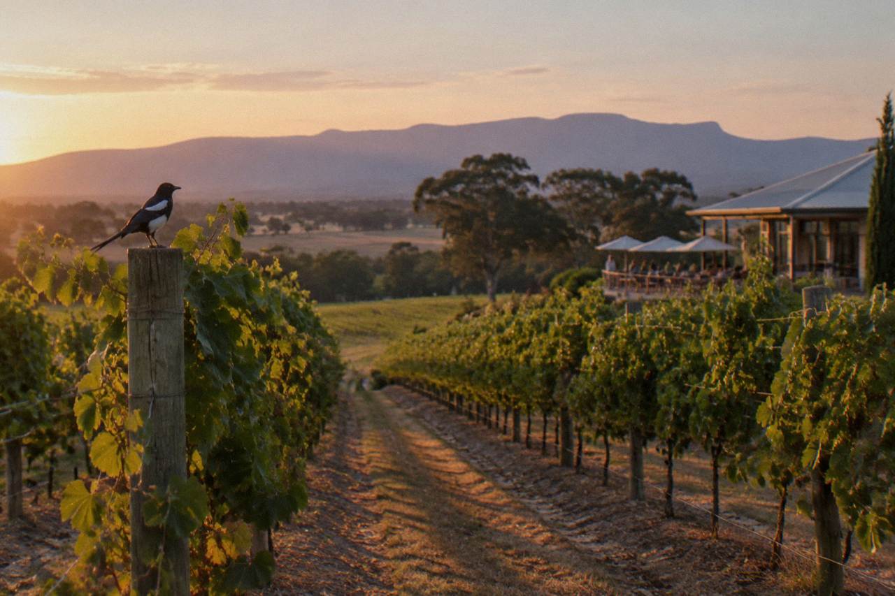 Rows of grapevines in the Hunter Valley at golden hour with distant hills