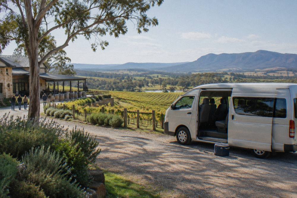 A small van parked on a gravel driveway beside a row of vineyards under a clear sky.