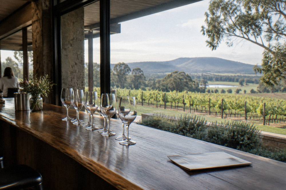 Tasting glasses lined up on a timber bar counter in front of a window overlooking vineyards.