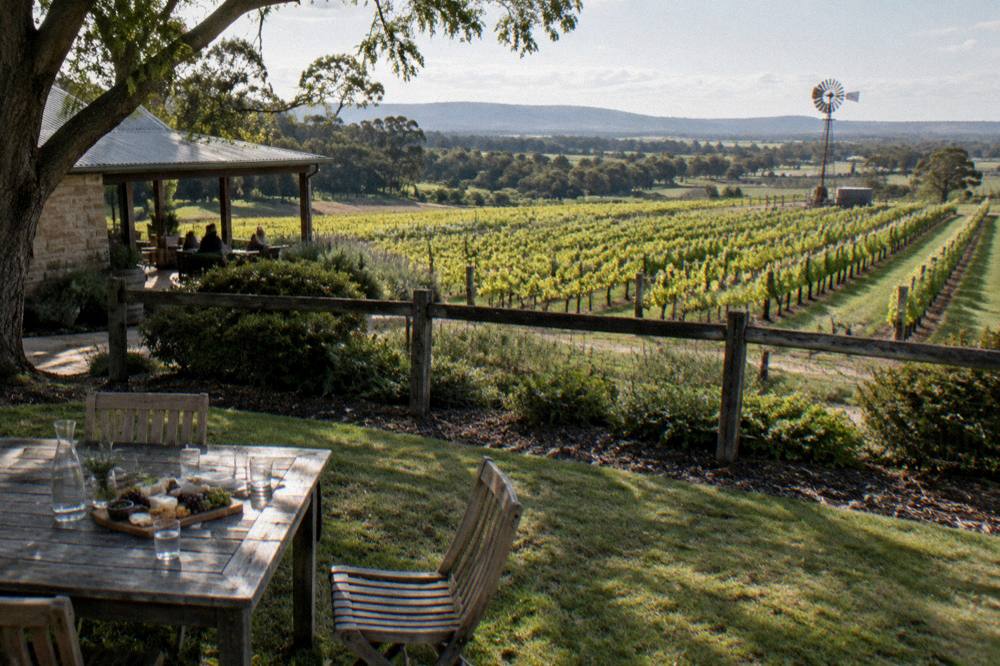 A shaded outdoor table at a cellar door with a platter and water glasses, vines beyond the fence.
