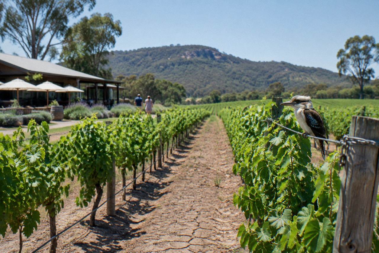 Rows of grapevines in the Hunter Valley at midday with a low hill behind them.