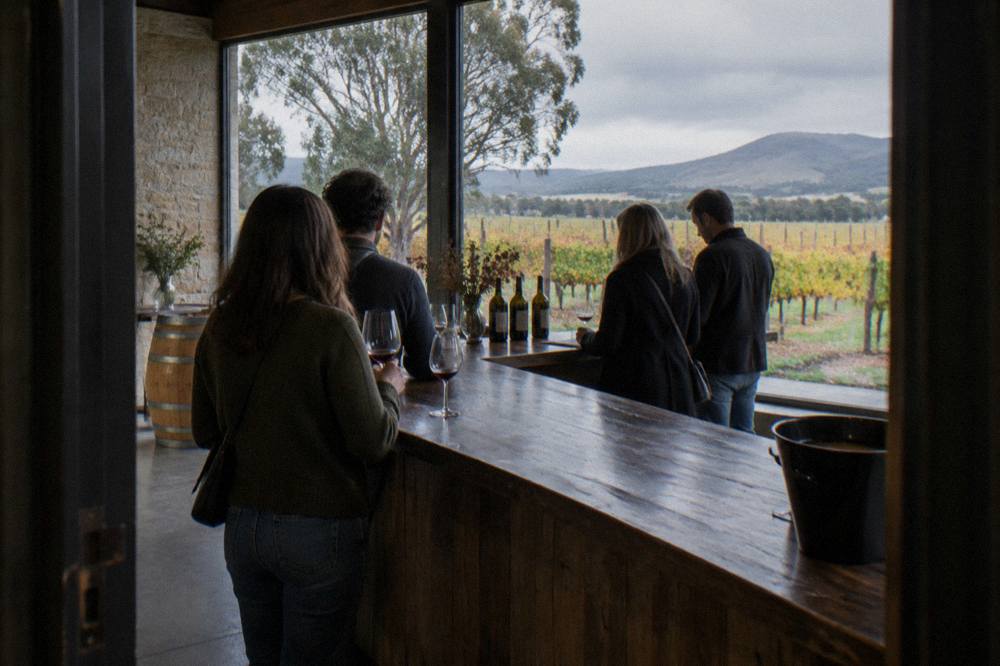 A small group standing at a cellar door tasting bench with wine glasses
