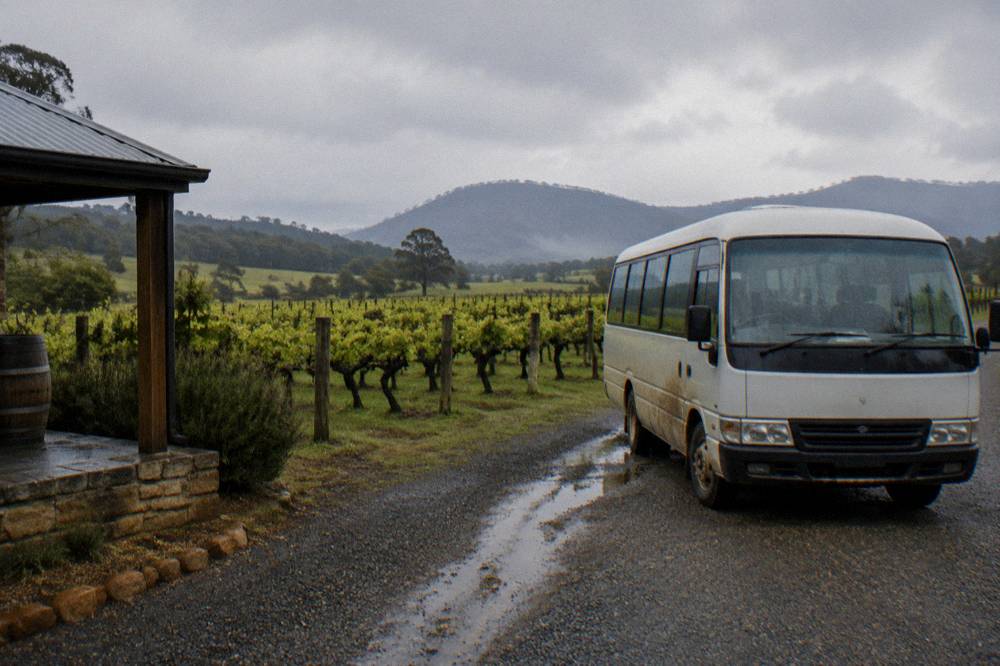 A small minibus parked on a gravel drive beside vineyard rows