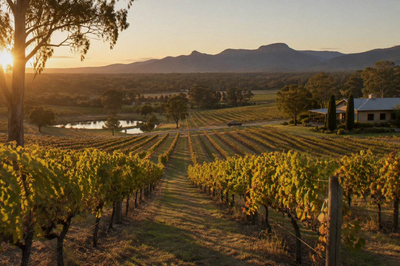 Vineyard rows rolling toward low hills at golden hour in the Hunter Valley