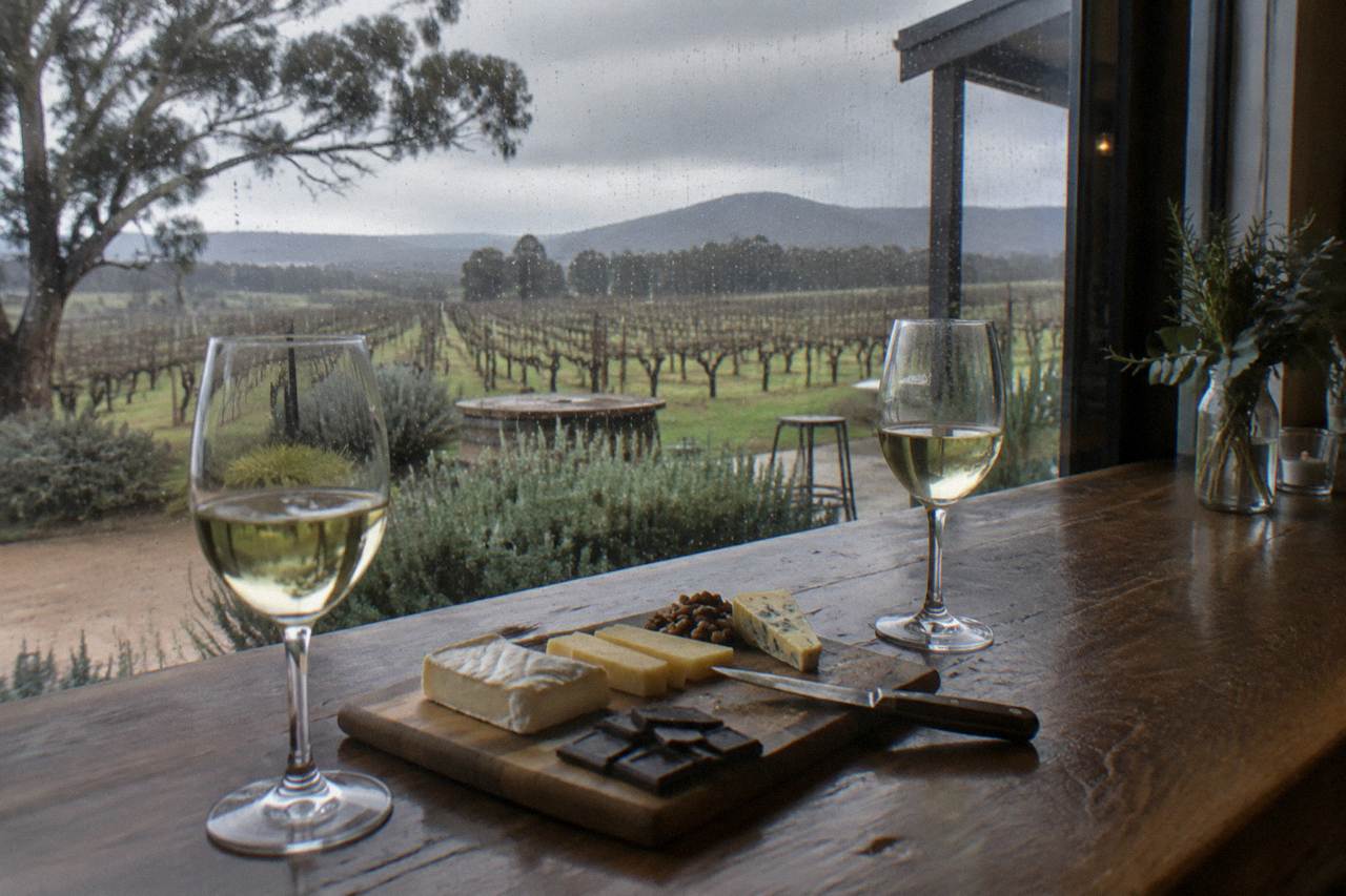 A wooden board of cheese and chocolate squares beside glasses of white wine on a cellar door bar