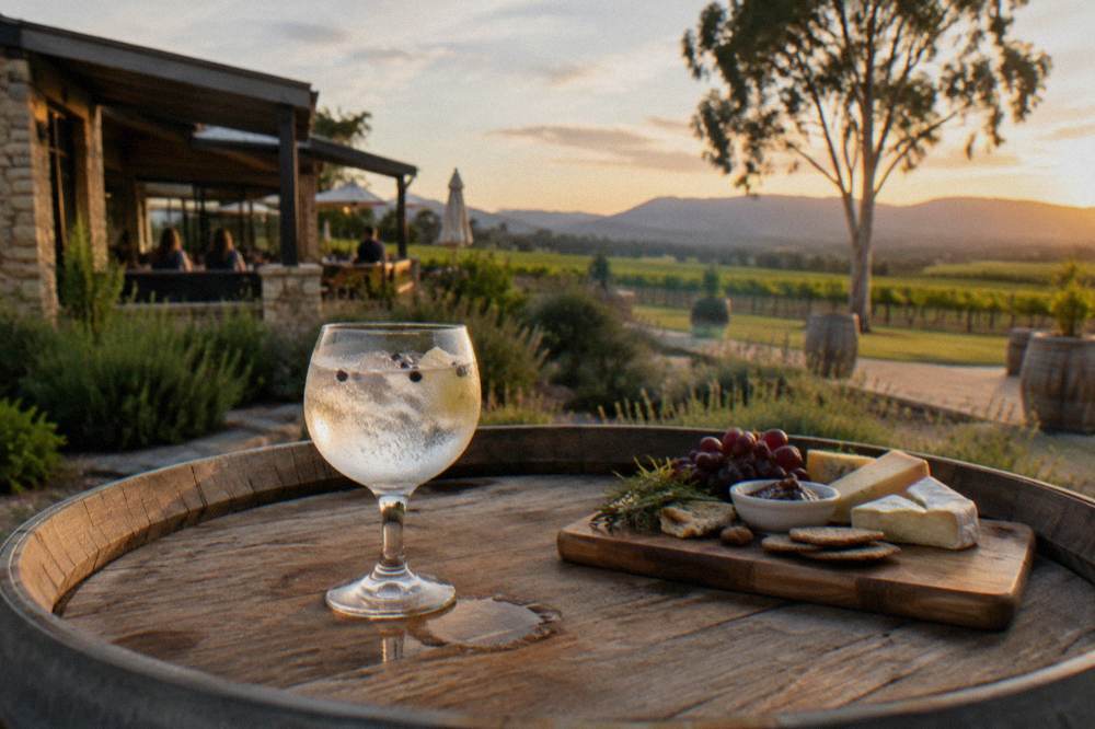 A gin and tonic with juniper berries beside a cheese board on a barrel top