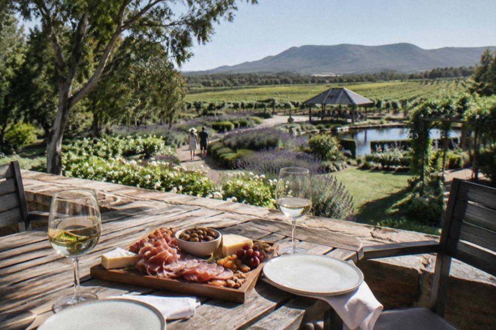 A grazing box of cheese and charcuterie with wine glasses on a picnic table overlooking vines