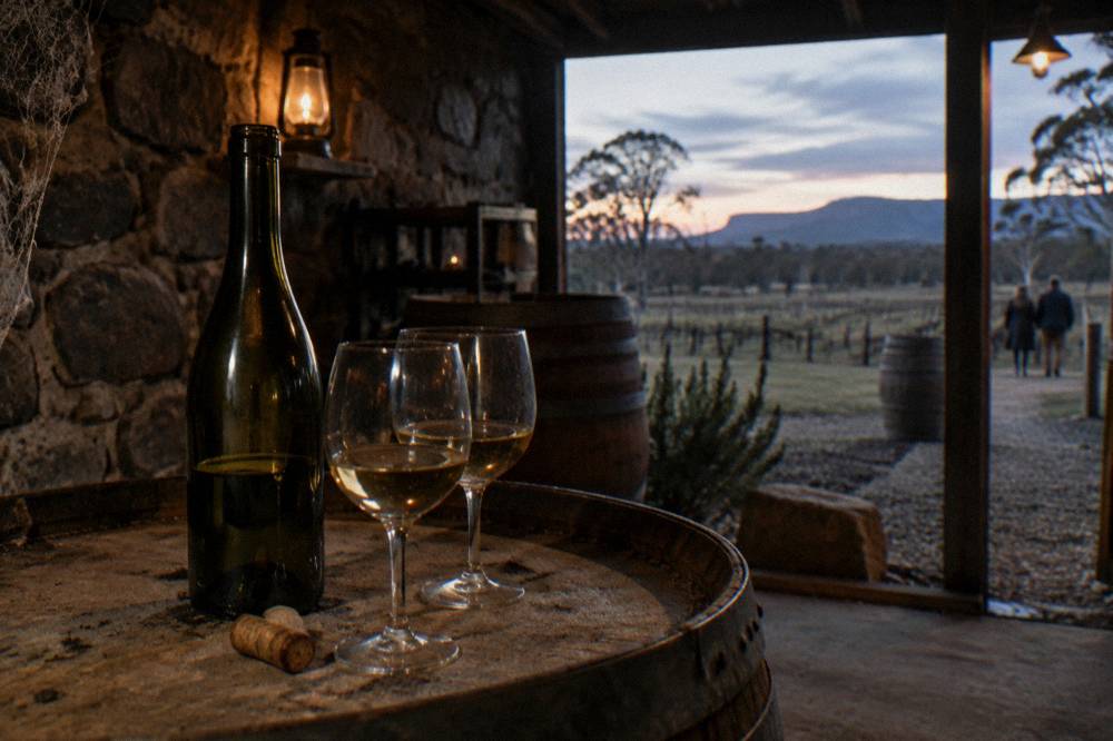 An open bottle and tasting glasses on a wooden barrel in a dim cellar