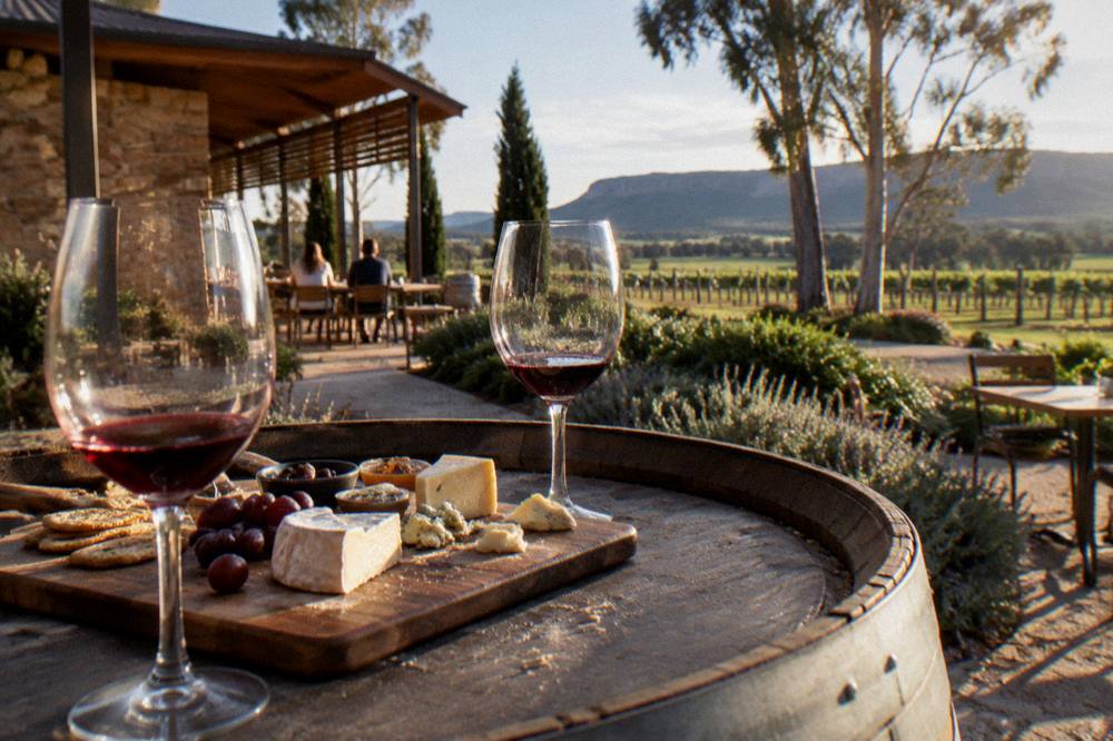 Wine glasses and a cheese board on a barrel top in a Hunter Valley cellar door
