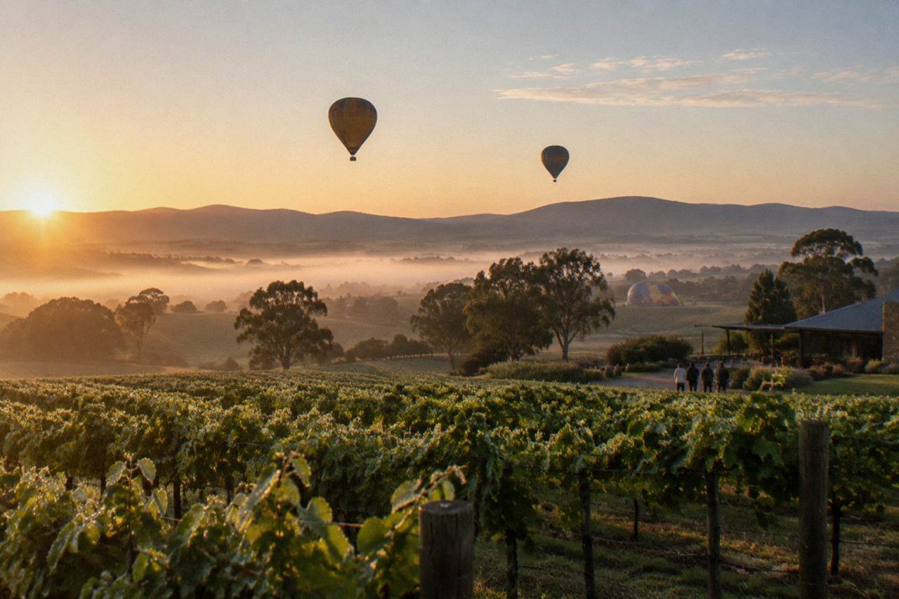 Hot air balloons drifting at sunrise above rows of Hunter Valley vineyards