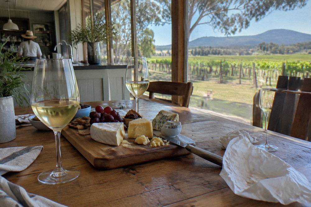 A wooden board of cheese and glasses of white wine on a tasting room table