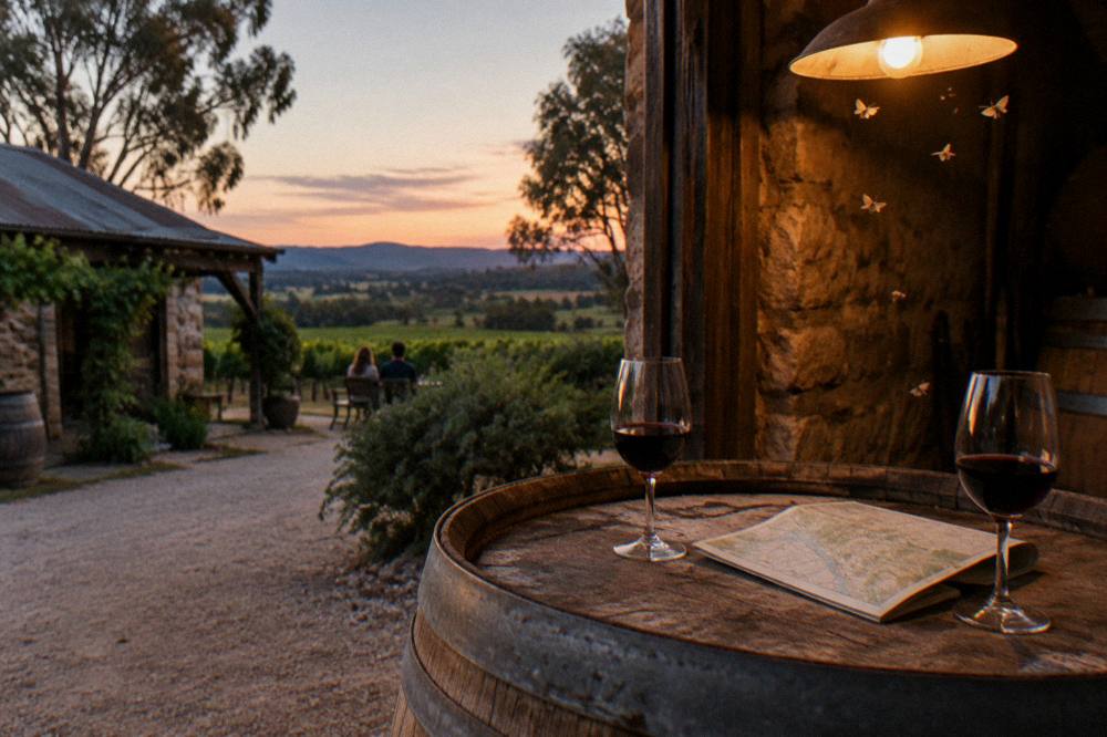 Two glasses of wine on a barrel top with a map of the Hunter Valley beside them
