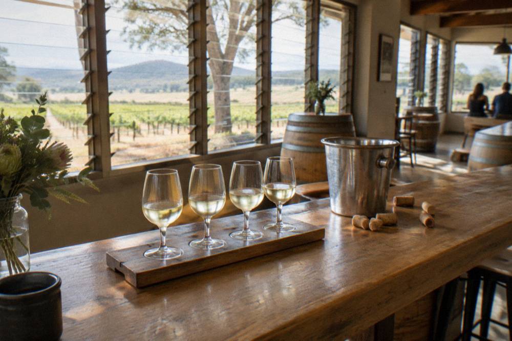 A tasting flight of white wines on a timber bar counter in a cellar door