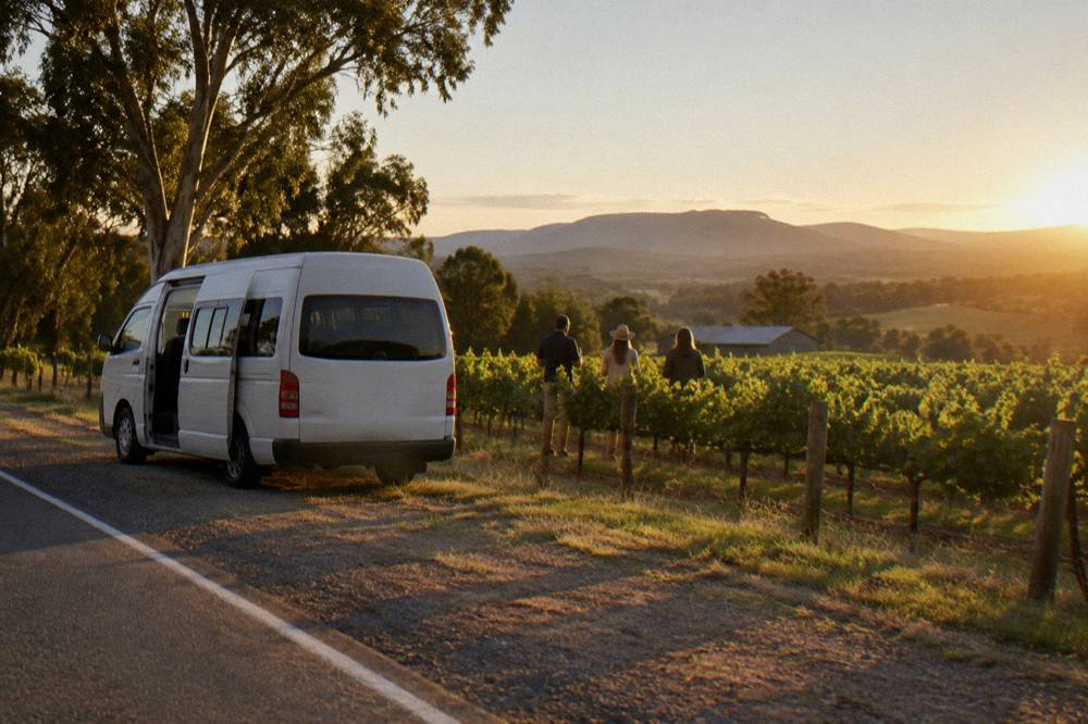 A small tour van parked on a country road beside vineyard rows in late afternoon light