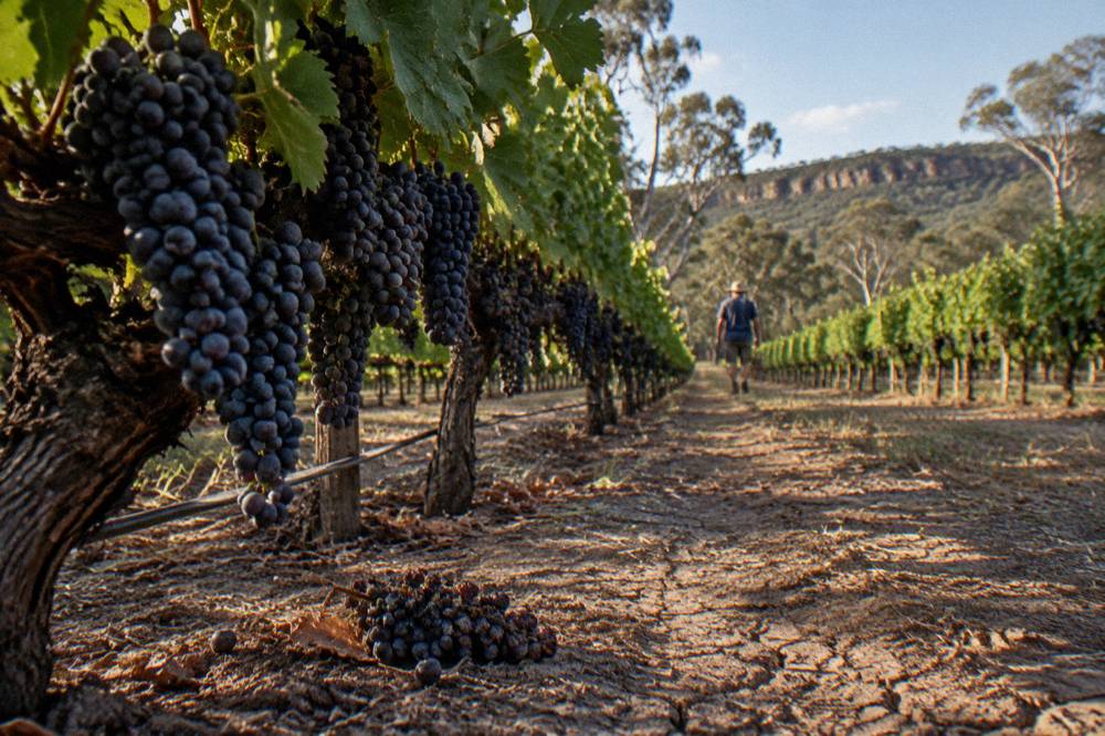 Rows of Shiraz vines with grape clusters hanging low in warm afternoon light