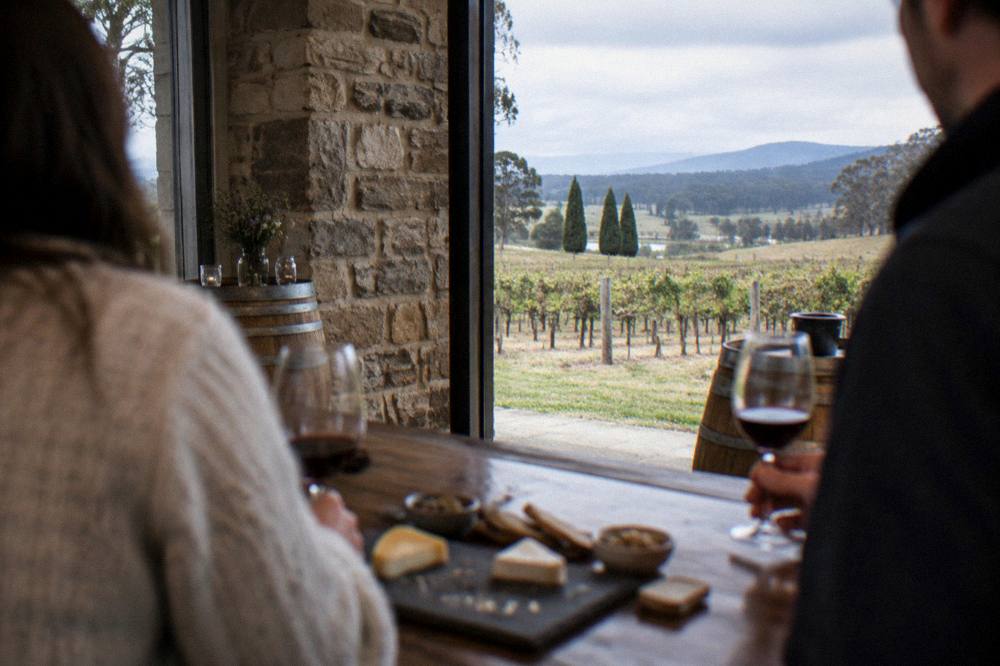 A small group standing at a cellar door bar tasting cheese paired with wine