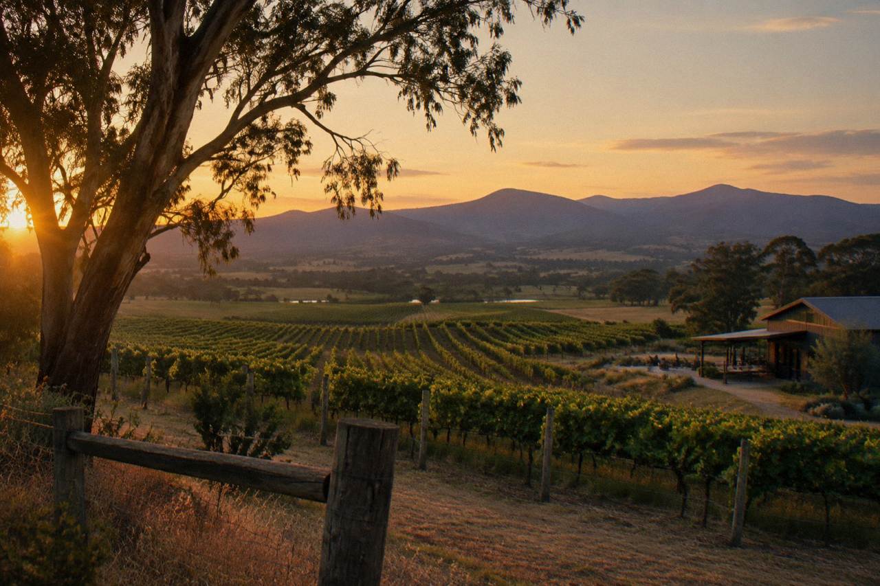 Vineyard rows rolling toward distant blue hills at golden hour in the Hunter Valley