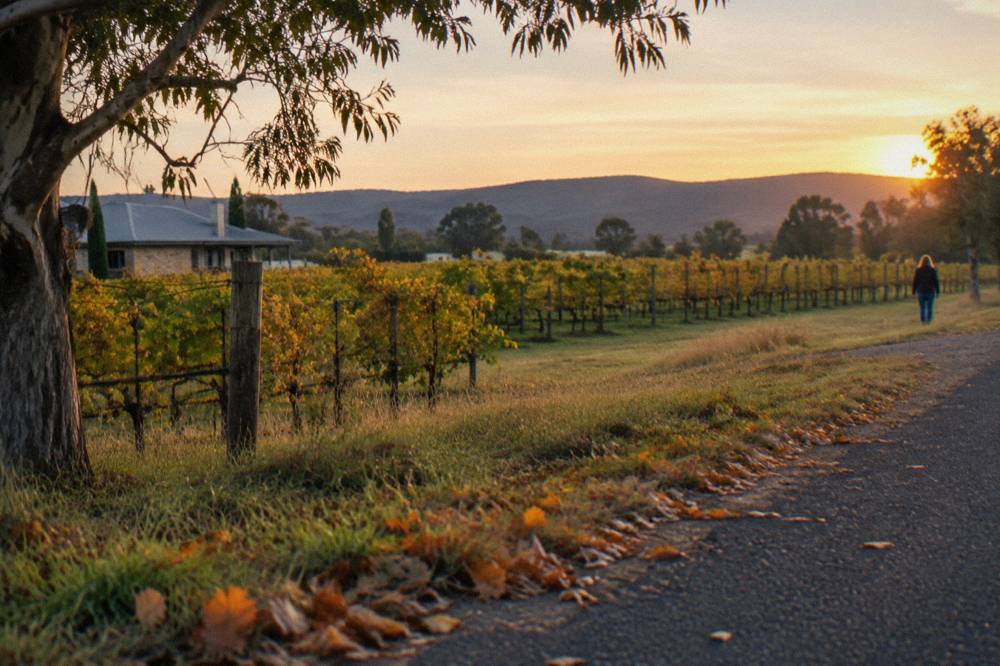 Vine rows in autumn with leaves turning red and gold beside a country road