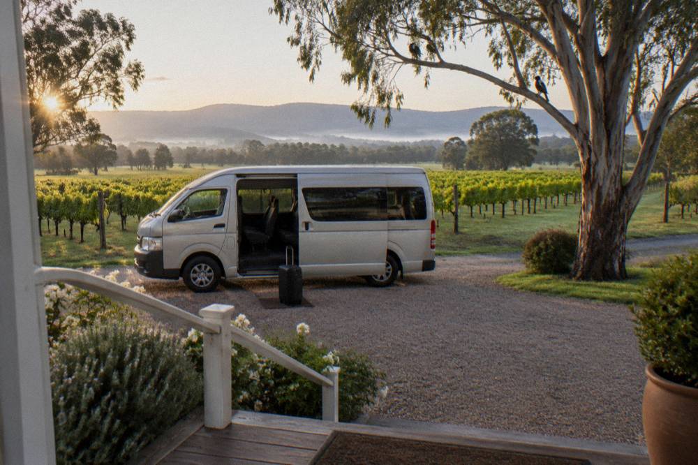 A small minibus parked on a gravel driveway beside vineyard rows